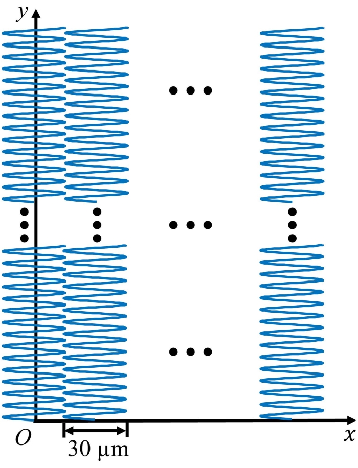 Helical spring array on x-y graph; diagram illustrates spatial periodicity; 30μm units marked.
