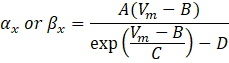 figure-introduction-12 Ion channel gating equation; formula showing Vm impact, alpha and beta variables in physiological model.