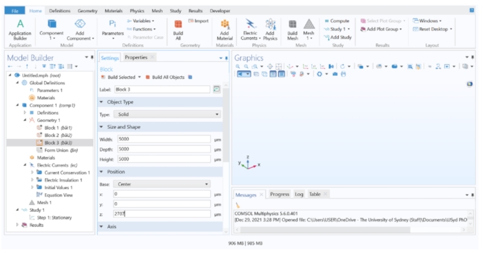 COMSOL Multiphysics interface showing 3D model setup, geometry settings, and electric current study graph.