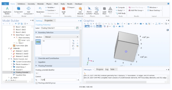 Static equilibrium, ΣFx=0, MA=0; simulation diagram; floating potential analysis, COMSOL software.