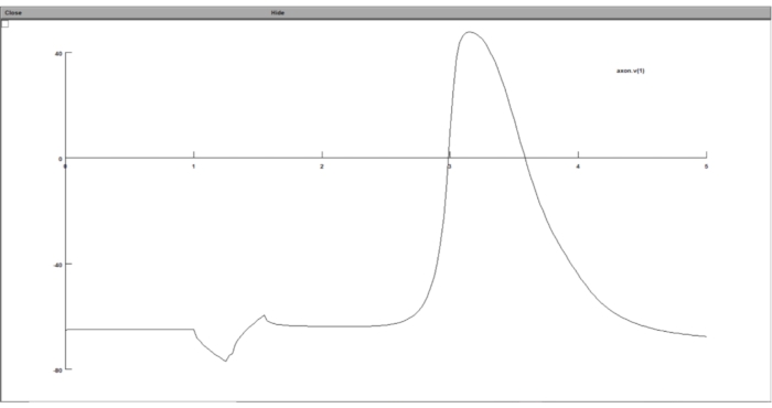 Voltage vs. time graph; electrophysiological data; action potential waveform; neuron activity analysis.