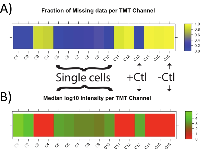 figure-results-2 TMT channel data analysis; A) missing data fraction, B) median log10 intensity; bar charts.