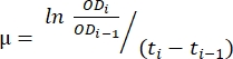 Microbial growth rate equation, μ calculation formula.