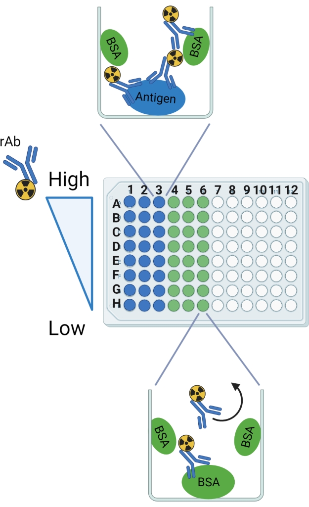 ELISA diagram, antigen-antibody interaction, microplate analysis, high to low concentration gradient.