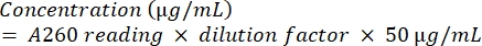 Concentration equation; A260 reading formula for calculating sample concentration in micrograms per mL.