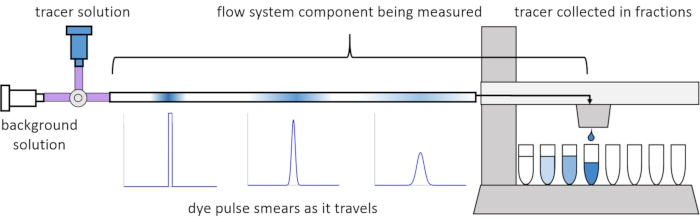 figure-introduction-2 Flow analysis diagram; tracer dye in flow system; fraction collection; dispersion analysis.