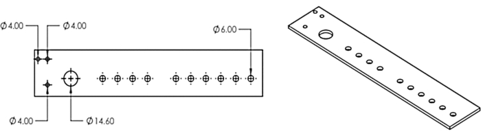 Technical drawing of a perforated metal plate with dimensions; schematic for engineering design.