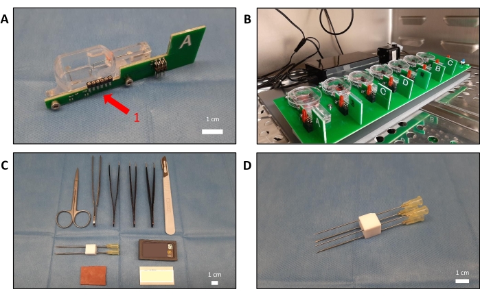 figure-results-1 Experimental setup for neural interface electrode testing; includes circuit boards, electrodes, and tools.
