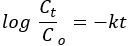 First-order kinetics equation, log(Ct/Co)=-kt, chemical reaction rate analysis.