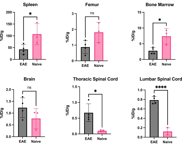 Bar charts comparing %ID/g organ distribution in EAE vs. Naive: spleen, femur, bone marrow, brain.