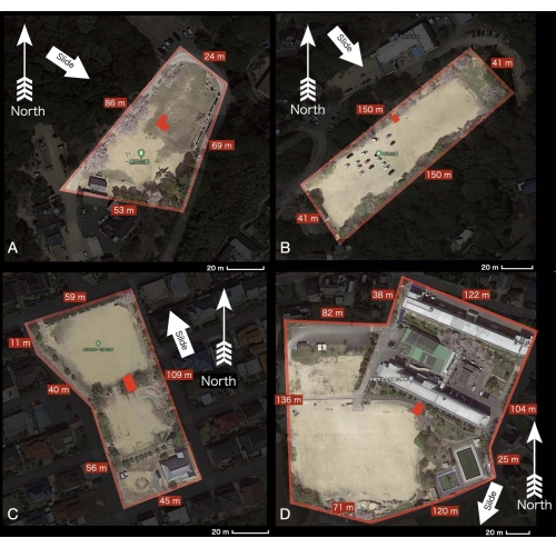 Survey maps of four plots with measurements; aerial view, geographic analysis.