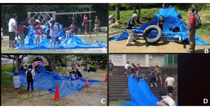 Children engaging in various outdoor play activities using tarps, ropes, and tires.