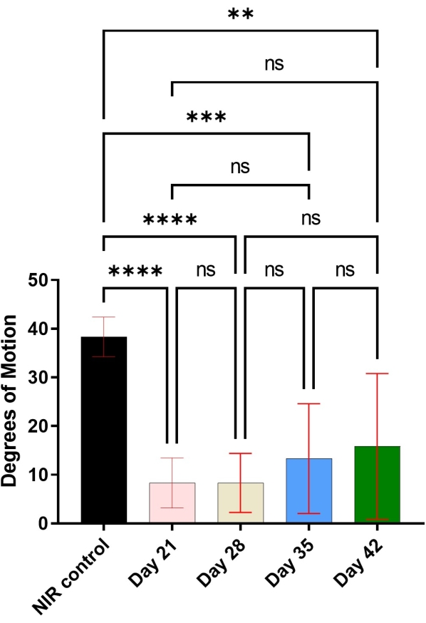 Bar chart comparing degrees of motion over time; statistical significance annotated.