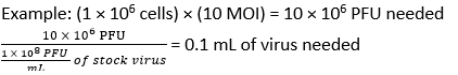 Virus dilution calculation, showing formula for PFU and volume of stock virus needed, virology study.