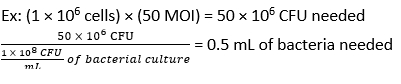 Bacterial culture equation, 50 MOI calculation, CFU determination, mathematical formula.