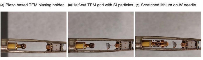 figure-results-1 Piezo TEM biasing holder, Si particles on TEM grid, lithium on W needle in microscopy setup.