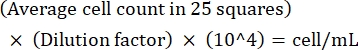 cell count formula, shown as (Average cell count × Dilution factor × 10^4 = cell/mL), calculation method