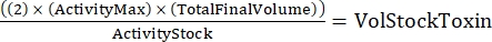 Chemical calculation equation for volumetric toxin stock concentration analysis.