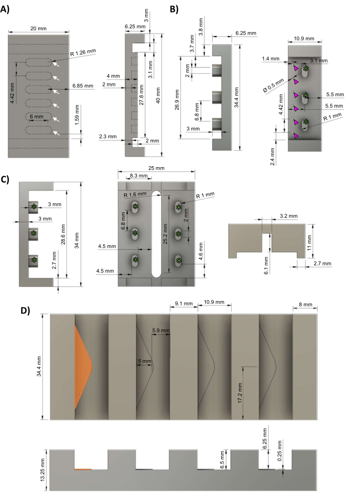 Microfluidic device schematic with channel measurements and component layouts for fluid flow analysis.