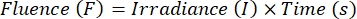 Fluence calculation formula: Fluence (F) = Irradiance (I) × Time (s); key in photonic studies.