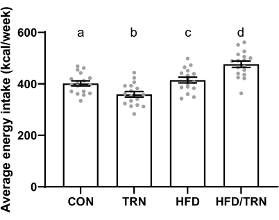 Bar graph comparing average energy intake across four diet groups: CON, TRN, HFD, HFD/TRN.