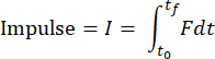 Impulse equation \( I = \int_{t_0}^{t_f} F \, dt \); integral formula, physics concept.
