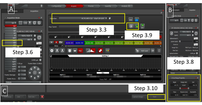 Fluorescence microscopy image acquisition interface; software setup for spectral analysis and control.