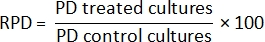 RPD calculation formula for comparing PD treated and control cultures, shown as an equation.