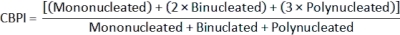 CBPI equation for cell counting; formula shows cell division; used in cytogenetic experiments.