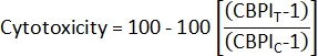 Cytotoxicity formula: Cytotoxicity = 100 - 100 * {(CBPI_T-1)/(CBPI_C-1)}; equation diagram.