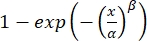 Weibull distribution formula, \(1 - \exp(-(x/\alpha)^\beta)\), reliability analysis.