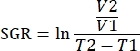 SGR equation for calculating growth rate, formula shows logarithmic rate of change over time.