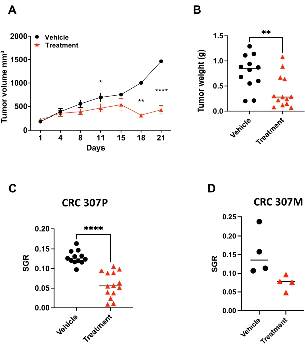 Tumor growth inhibition graphs: tumor volume vs days, weight, SGR. Treatment vs vehicle analysis.