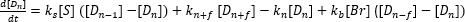 Chemical kinetics equation showing reaction rates with intermediates; dynamic equilibrium concept.