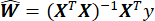 Weighted linear regression equation, W=(X^TX)^-1X^Ty, used for statistical data fitting.