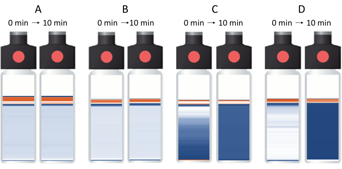 figure-results-4 Static equilibrium in liquids diagram; diffusion experiment showing color change over 10 minutes.