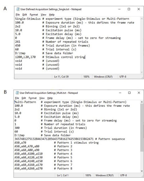 Acquisition settings file for stimulus control in optics experiment, single vs. multi-pattern setup.