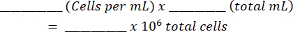 Cell density calculation formula, cells per mL, total cells, mathematical expression.