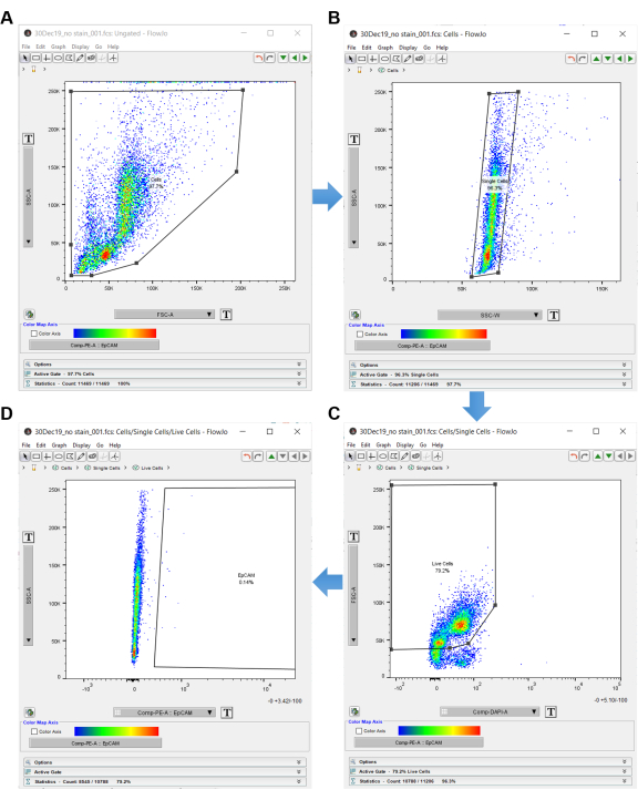 figure-results-3 Flow cytometry gating diagram; scatter plot, cell population analysis, fluorescence intensity.