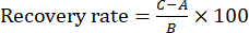 Recovery rate formula: ((C-A)/B)×100, equation for calculating efficiency percentage.