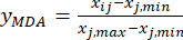 Equation for data normalization, \(y_{MDA}=\frac{x_{ij}-x_{j,min}}{x_{j,max}-x_{j,min}}\), displayed.