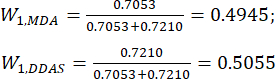 figure-protocol-15 Equations of weighted averages W1,MDA and W1,DDAS calculation in statistical analysis.