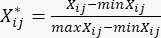 Normalization formula equation; calc \(X_{ij}^*\) in data preprocessing; statistical method.