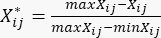 Normalization formula, X*ij equation for data scaling, mathematical expression for uniform analysis.