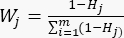 Weighted index formula, Wj=1-Hj/Σ(1-Hi), mathematical equation for statistical analysis.