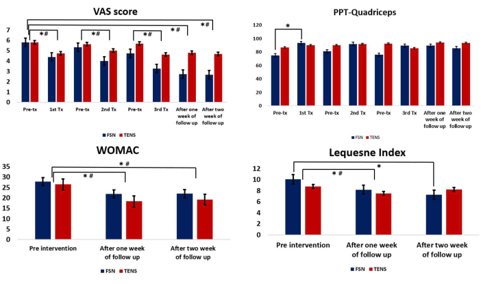 VAS score, PPT-Quadriceps, WOMAC, Lequesne Index bar charts comparing FSN and TENS treatments.