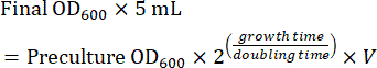 OD600 calculation formula, growth rate equation for microbial culture adjustment, mathematical diagram.