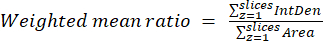 Weighted mean ratio equation; Σ(IntDen/Area); formula for image analysis; scientific calculation.