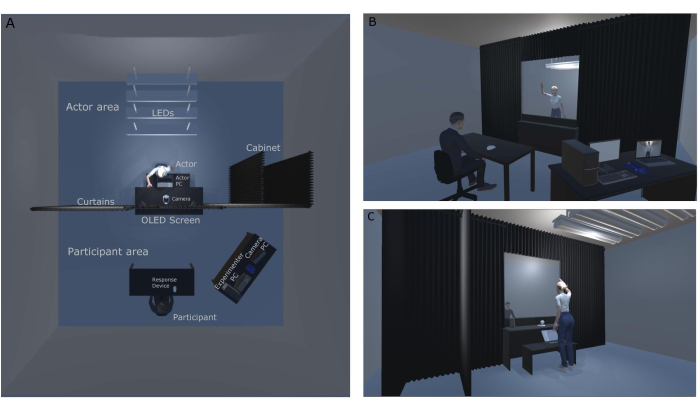 Psychology experiment setup with participant, actor areas, OLED screen, and response device.