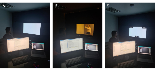 Visual perception experiment setup; monitor display and subject; three-panel comparison; data analysis.